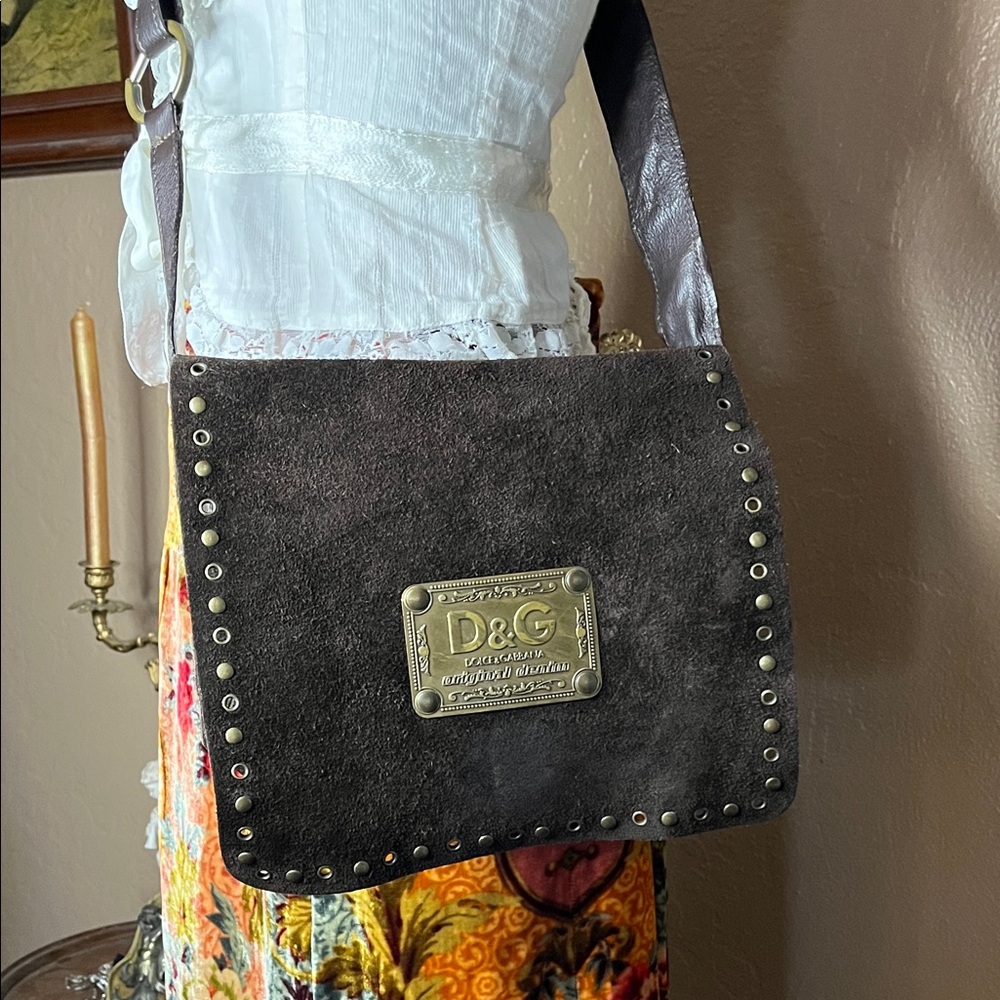 Dolce & Gabbana Brown Suede Shoulder Bag with Gold Details.